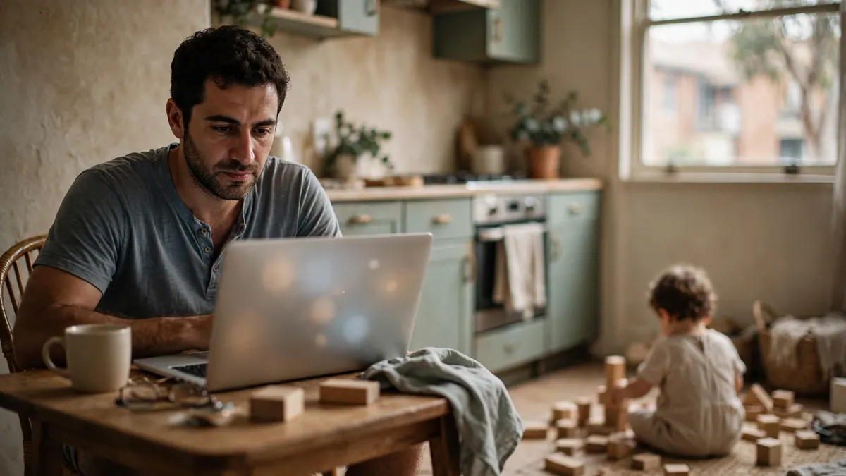 A father works on a laptop at a kitchen table while a toddler plays with wooden blocks on the floor