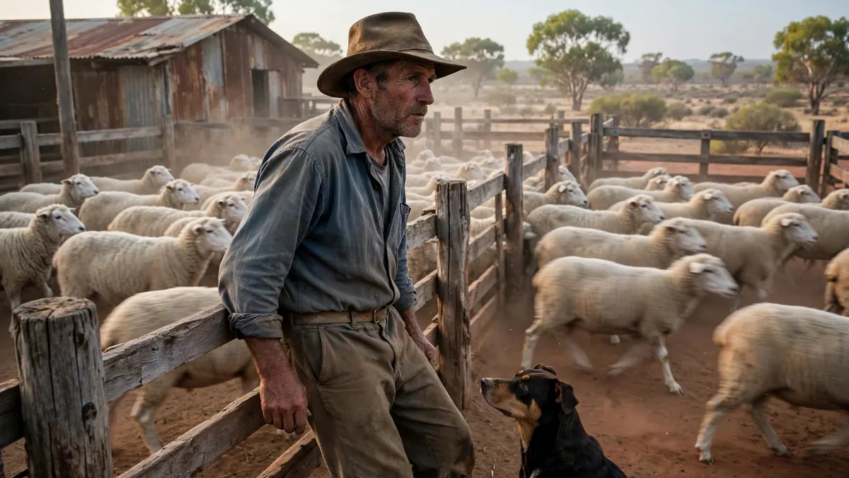 A farm hand in a felt hat leans on a stockyard rail as merino sheep run past and a kelpie watches him