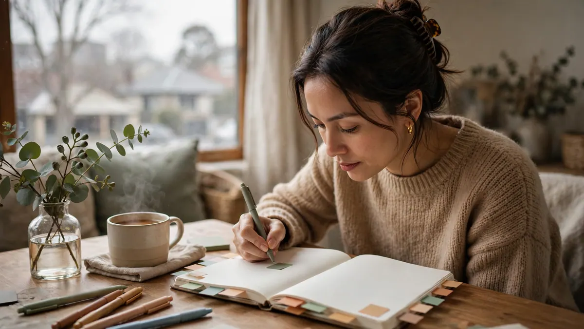 A woman in a knit jumper writes in a planner with coloured tabs beside a cup of tea on a winter morning
