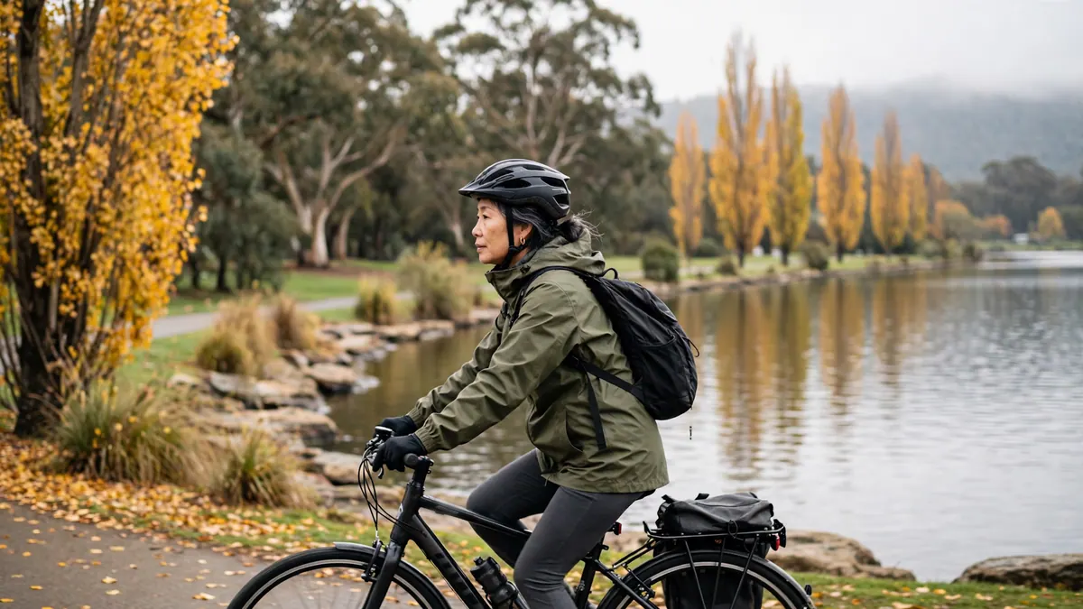 A woman in a green rain jacket cycles along a lakeside path lined with golden autumn poplars
