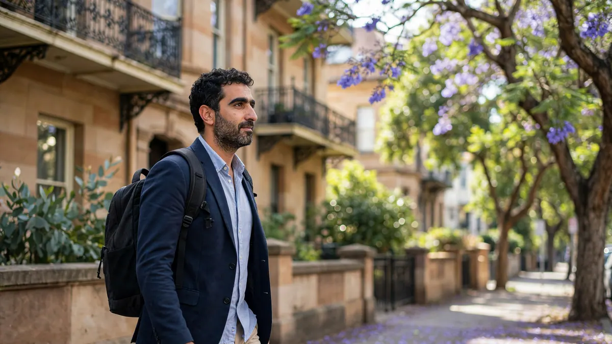 A man with a backpack walks past sandstone terraces under flowering jacaranda trees in Sydney