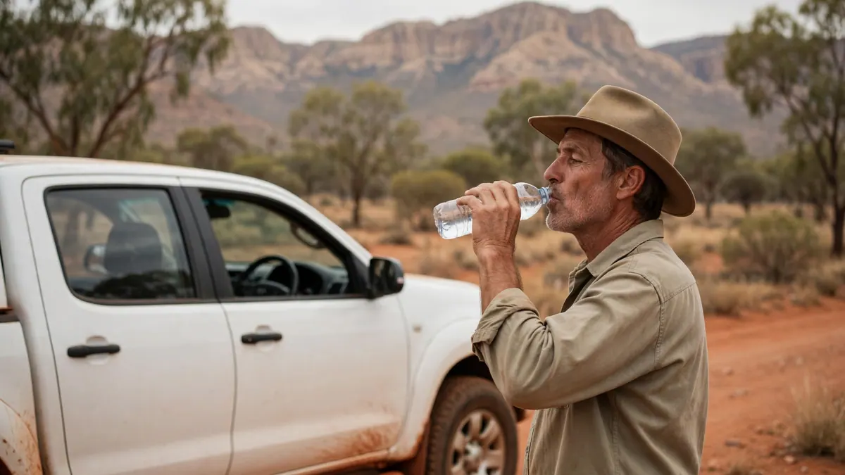 A man in a bush hat drinks water beside a dusty white ute on a red dirt road below rocky ranges