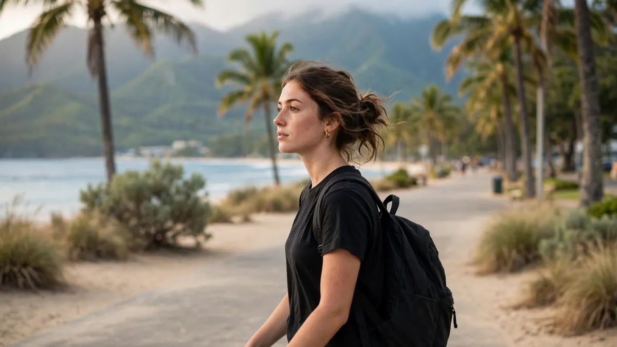 A young woman in a black T-shirt walks to work along a palm-lined tropical beachfront path