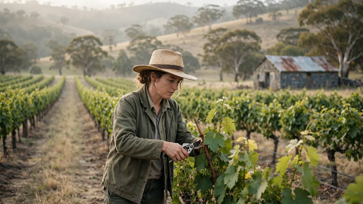 A vineyard worker in a straw hat prunes vines with secateurs, a stone shed and gum trees behind her