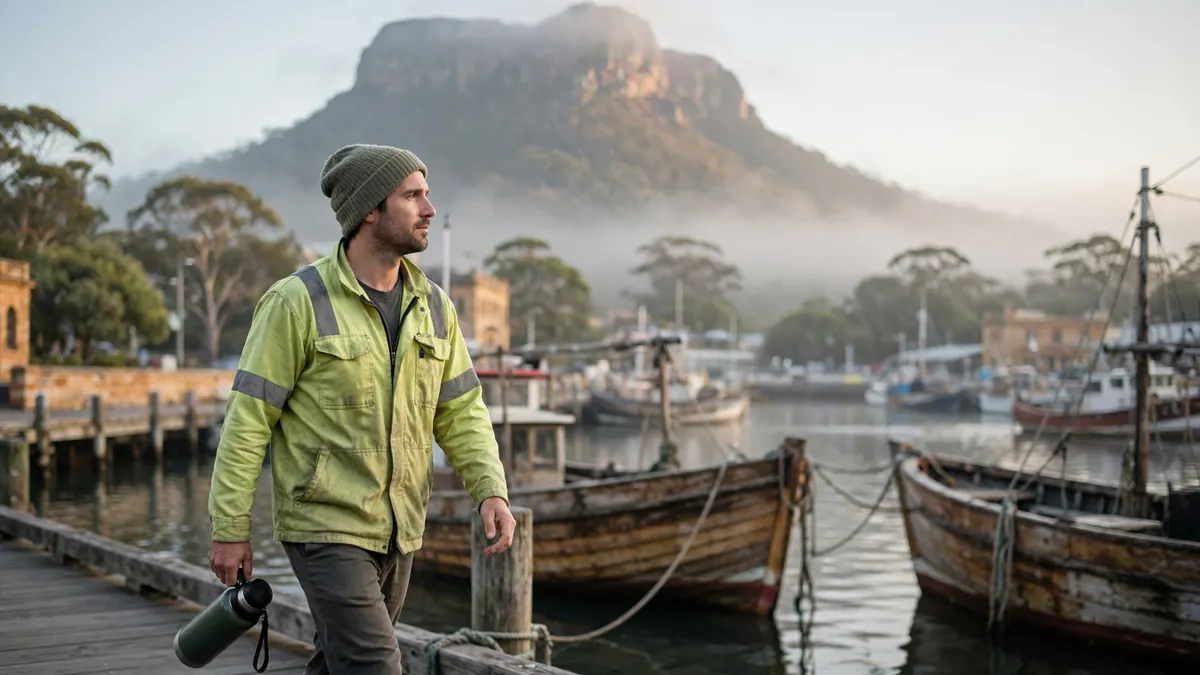 A worker in a hi-vis jacket and beanie walks past wooden fishing boats on a misty Hobart wharf