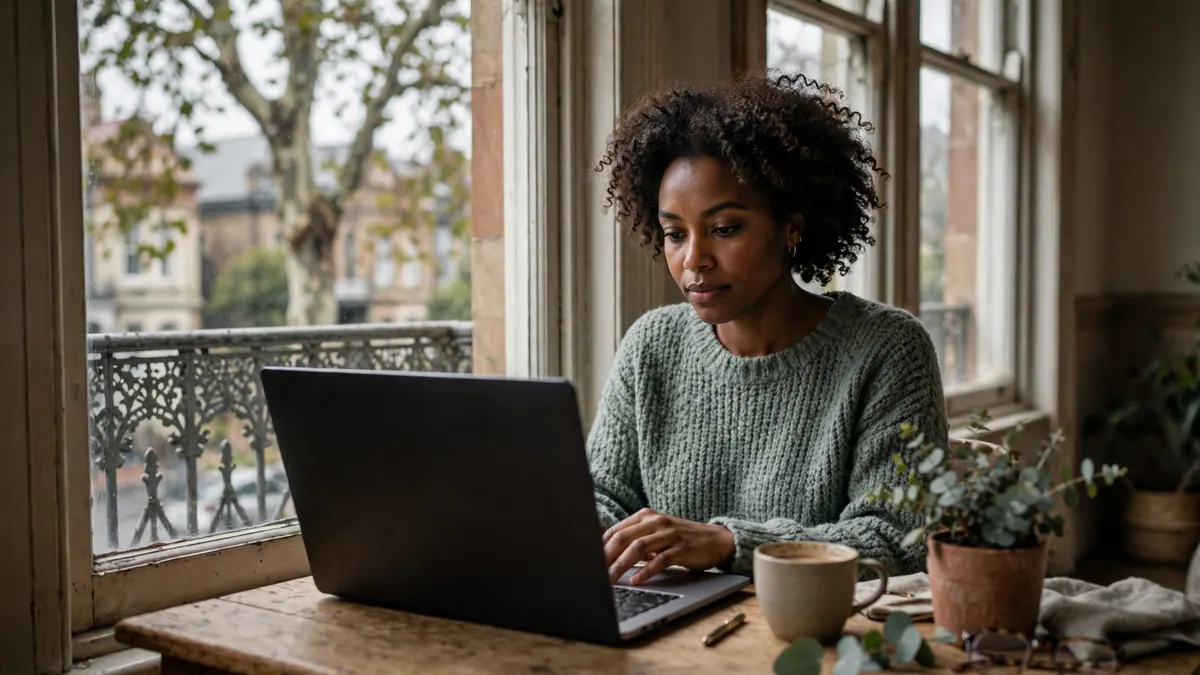 A woman in a green jumper works on a laptop by the window of a Melbourne terrace with an iron lace balcony