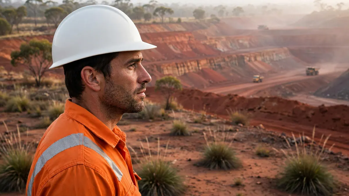 A mine worker in an orange hi-vis shirt and white hard hat overlooks a red-earth open-cut mine