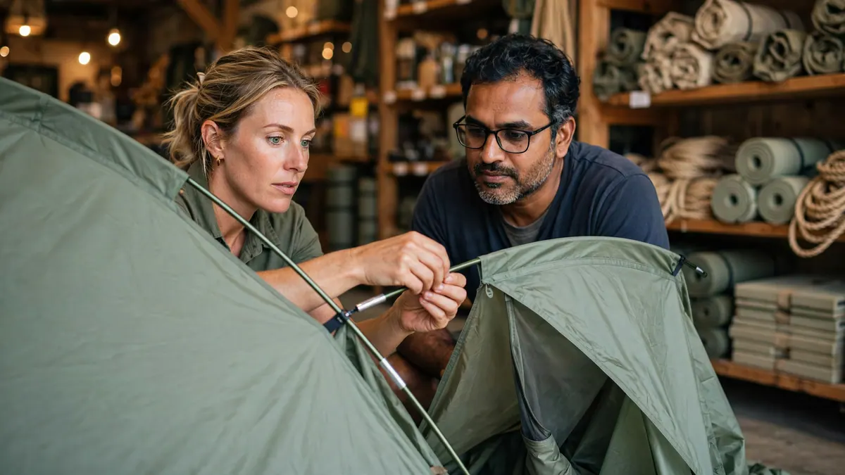 A camping store worker shows a customer how to clip tent poles, with sleeping mats and rope on shelves