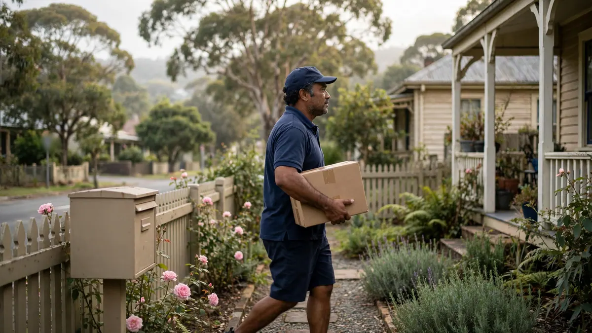 A delivery worker in a navy cap carries a parcel up a garden path to a weatherboard house