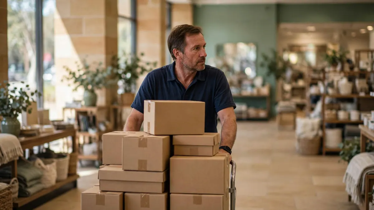 A store worker in a navy polo pushes a trolley stacked with cardboard cartons through a homewares store