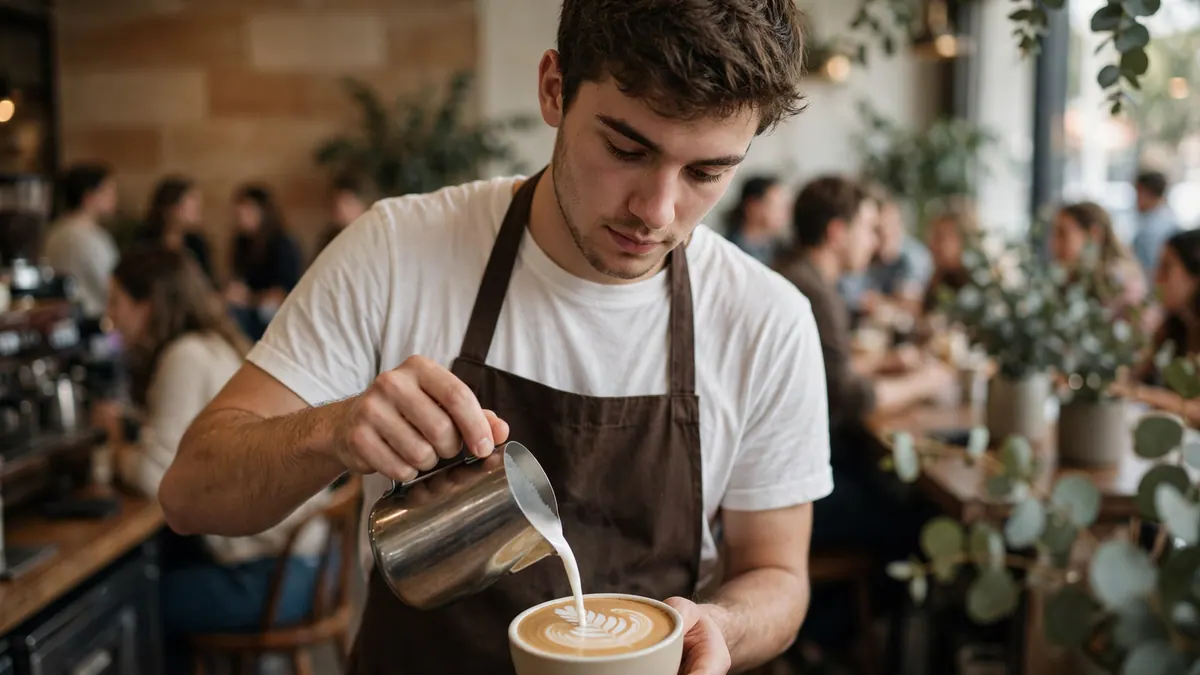 A young barista in a brown apron pours latte art into a cup in a busy café