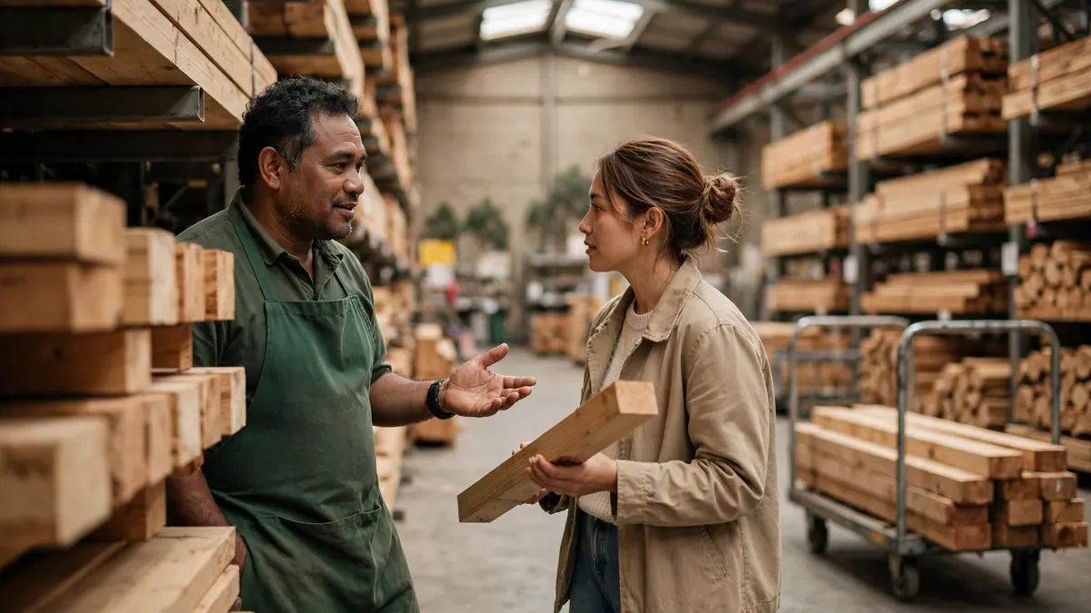 A hardware store worker in a green apron helps a customer choose pine timber in a warehouse aisle