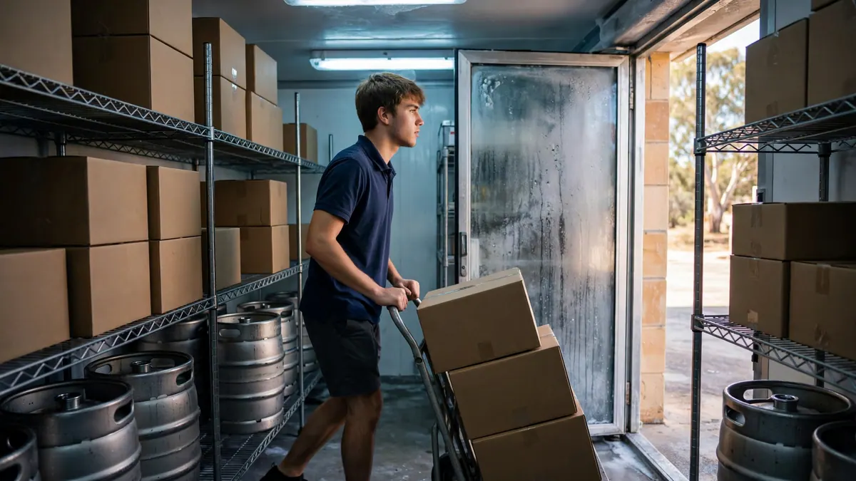 A young man in a navy polo wheels a trolley of cardboard cartons through a cool room lined with beer kegs