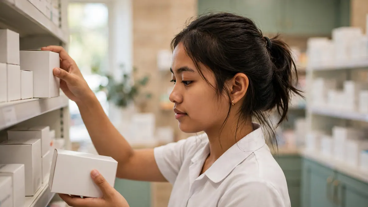 A young pharmacy assistant in a white shirt restocks shelves with plain white boxes