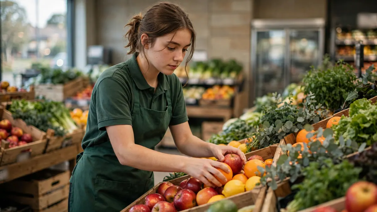 A young supermarket worker in a green polo stacks apples and oranges in the fresh produce section