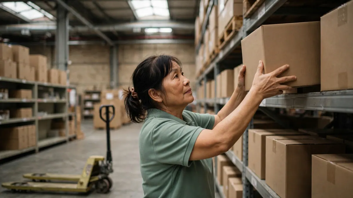 A store worker in a green polo lifts a carton onto tall warehouse shelving, a pallet jack behind her