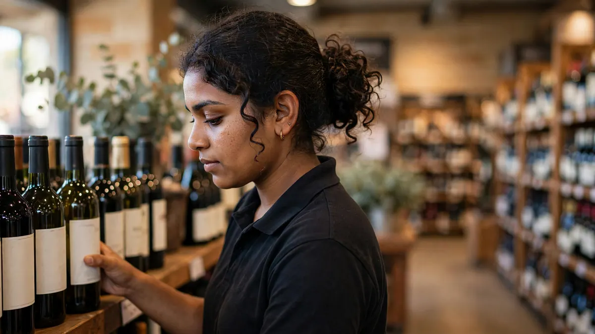 A young bottle shop worker in a black polo straightens wine bottles on a timber shelf