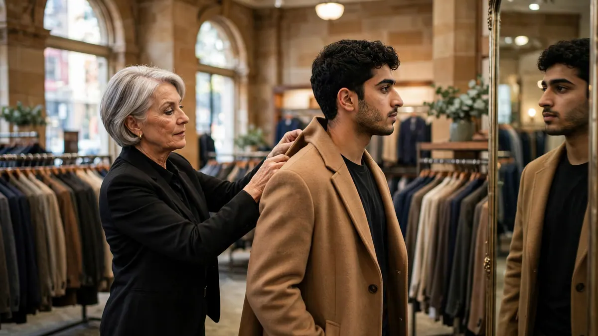 A silver-haired sales assistant adjusts a camel coat on a young man at a mirror in a department store