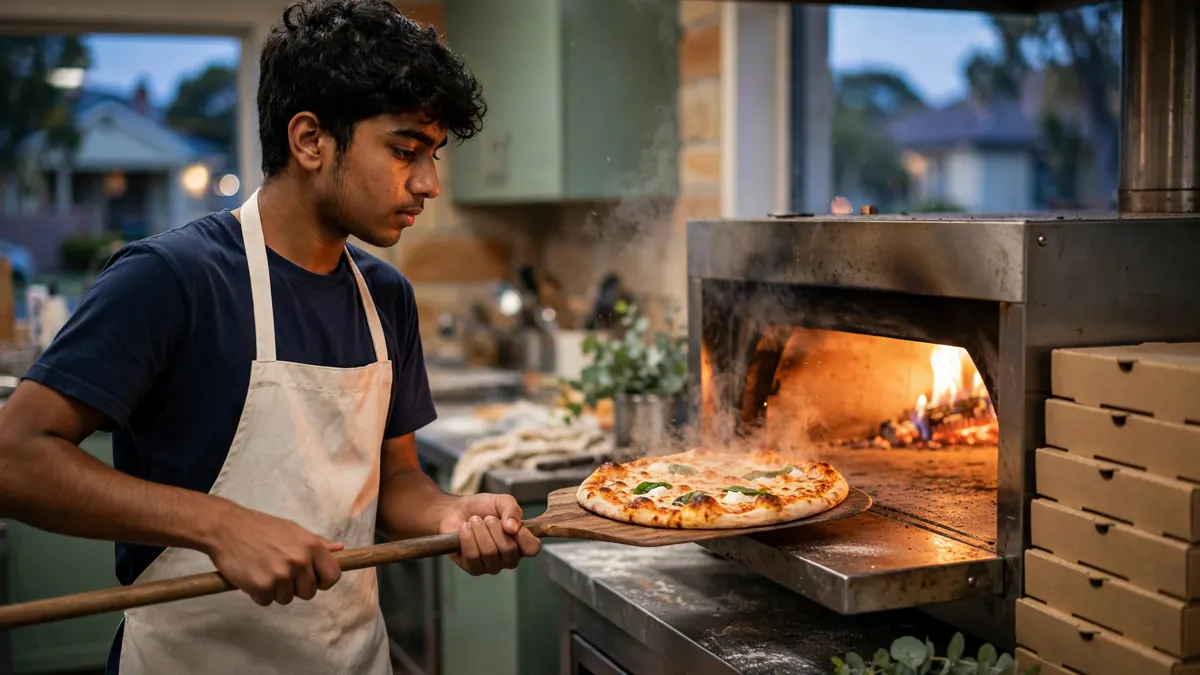 A teenage pizza maker in an apron slides a pizza out of a glowing oven beside stacked boxes
