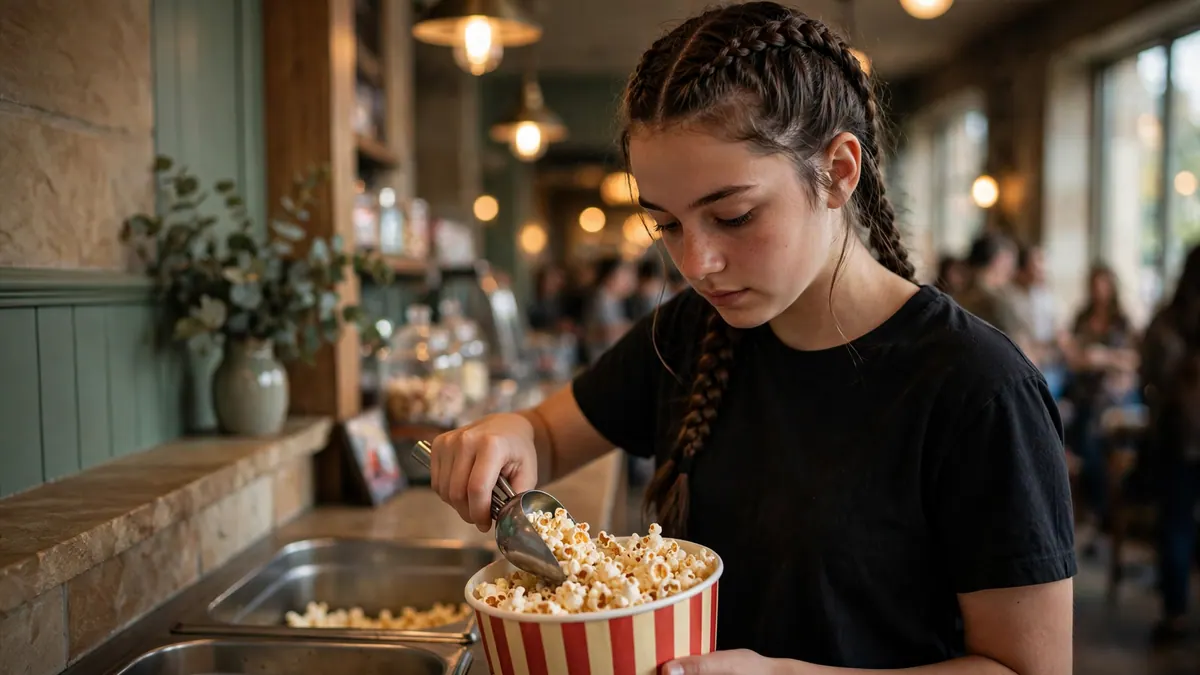 A young cinema worker with braids scoops popcorn into a striped tub at the candy bar