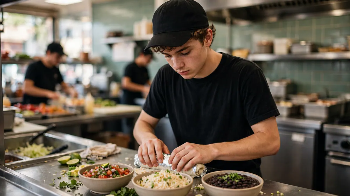 A young crew member in a black cap wraps a burrito in foil behind bowls of salsa, rice and beans
