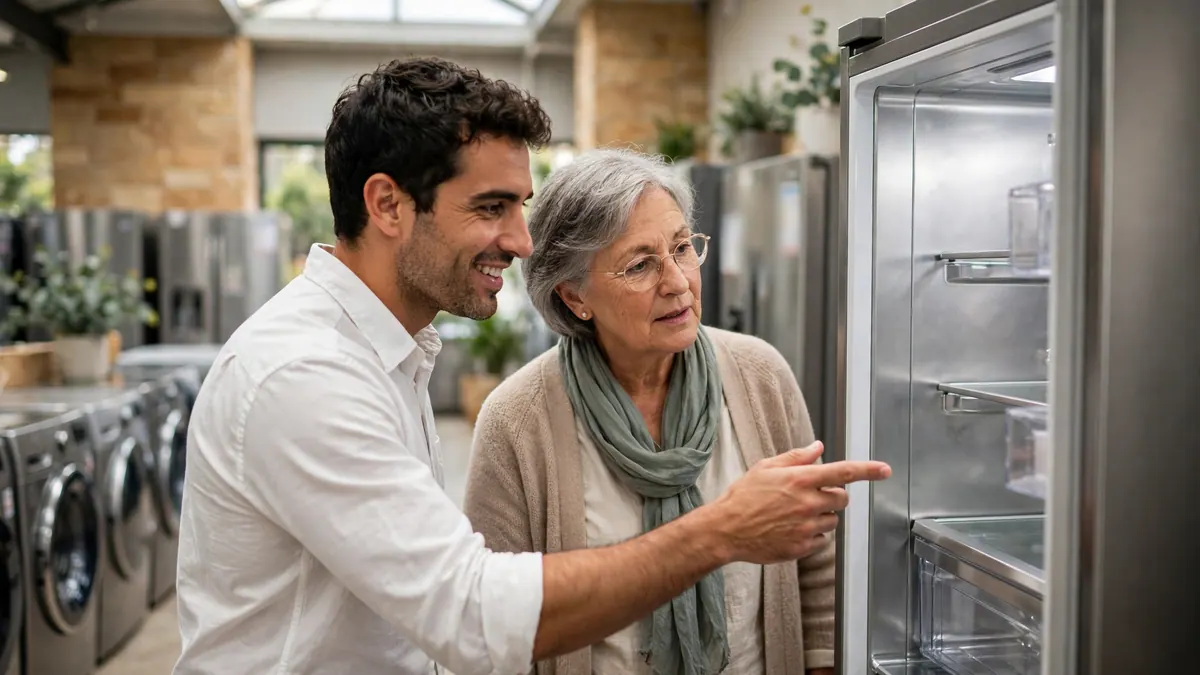An appliance salesman points out the shelves of an open fridge to an older woman in a showroom