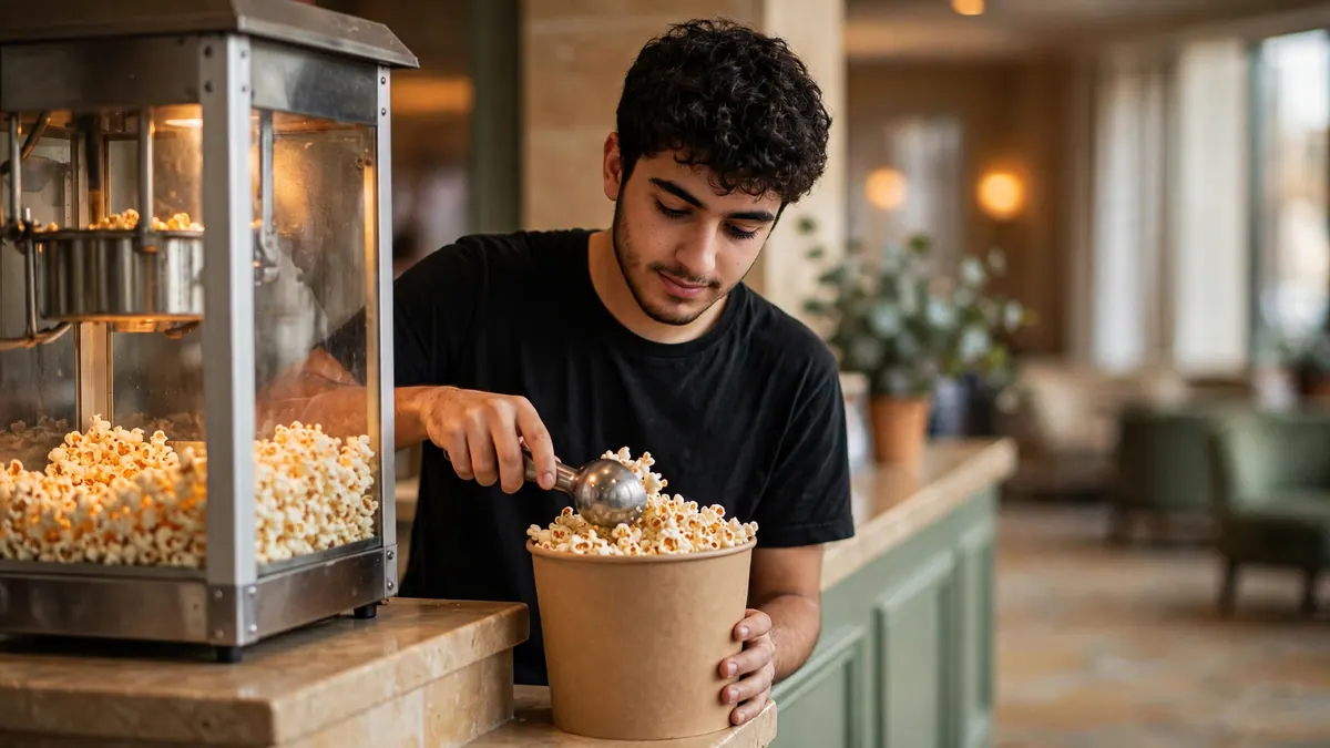 A young cinema worker scoops popcorn from a glass popcorn machine into a paper bucket