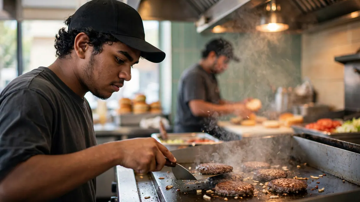 A young crew member in a black cap flips burger patties on a flat grill in a fast-food kitchen