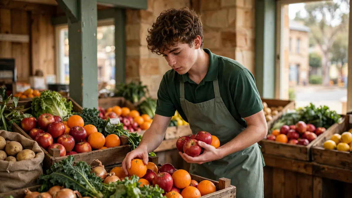 A teenage grocery worker in a green apron stacks apples and oranges into wooden crates