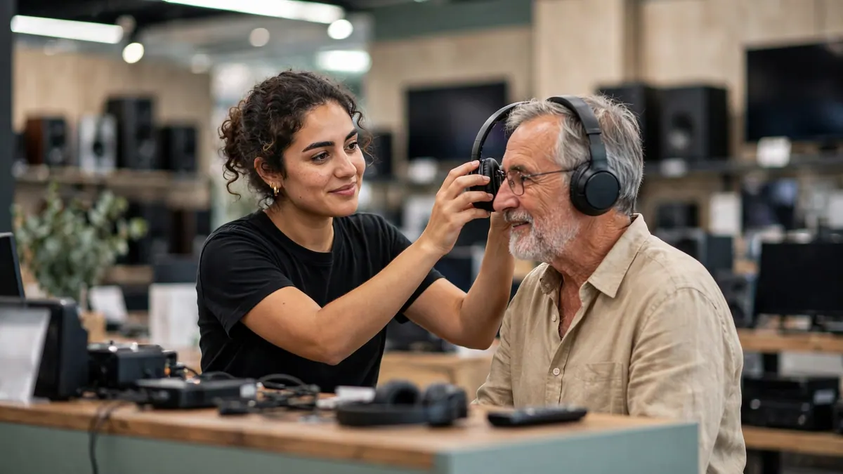 A store worker in a black t-shirt helps an older customer try on headphones at an electronics demo bench