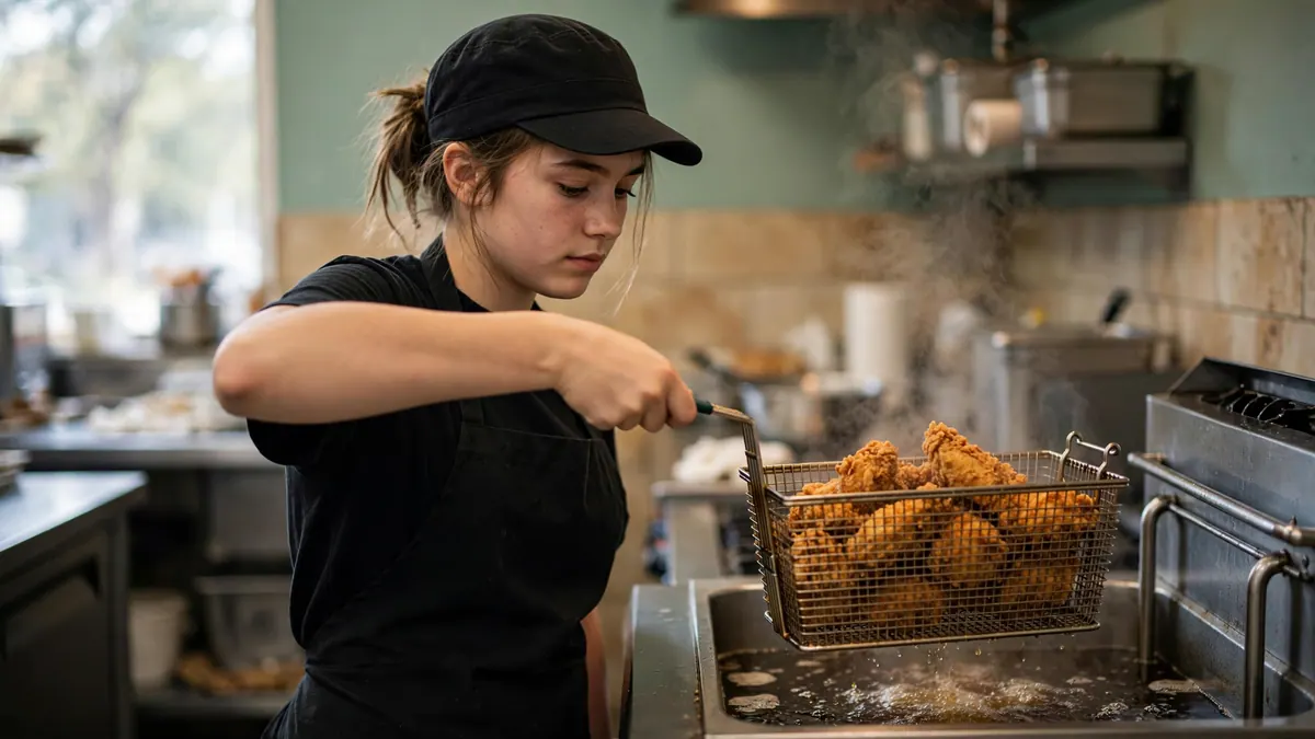 A young fast-food worker in a black cap lifts a basket of fried chicken out of a deep fryer