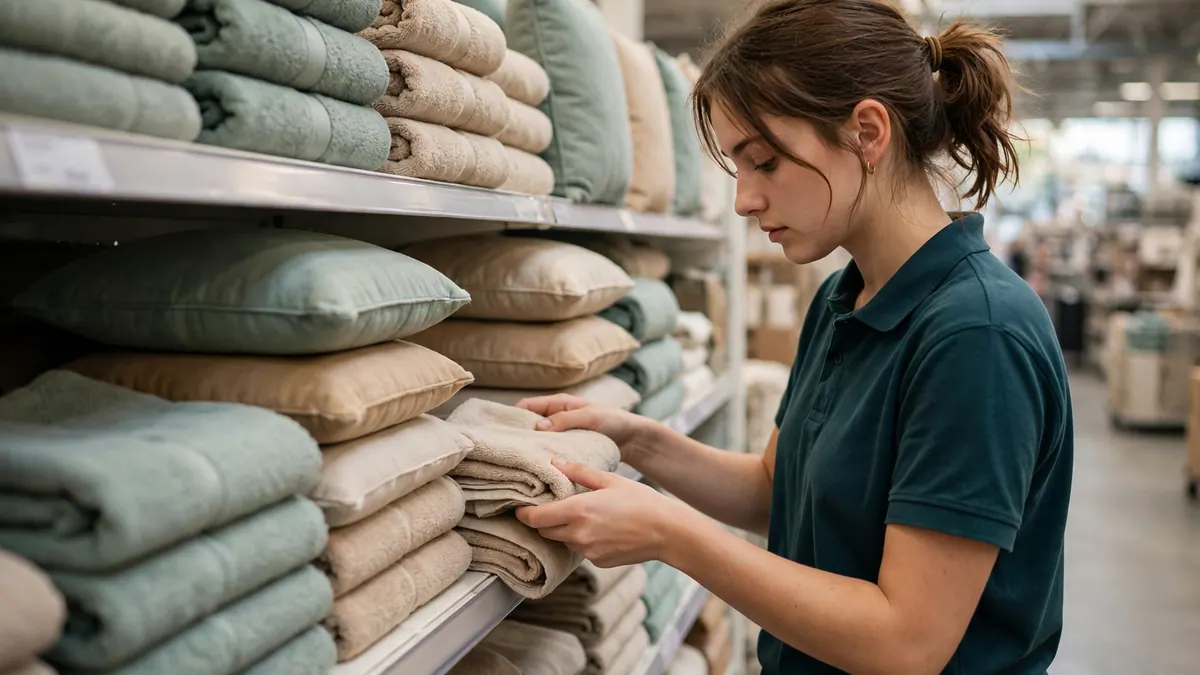 A retail assistant in a teal polo folds towels onto shelves of cushions in a large homewares aisle