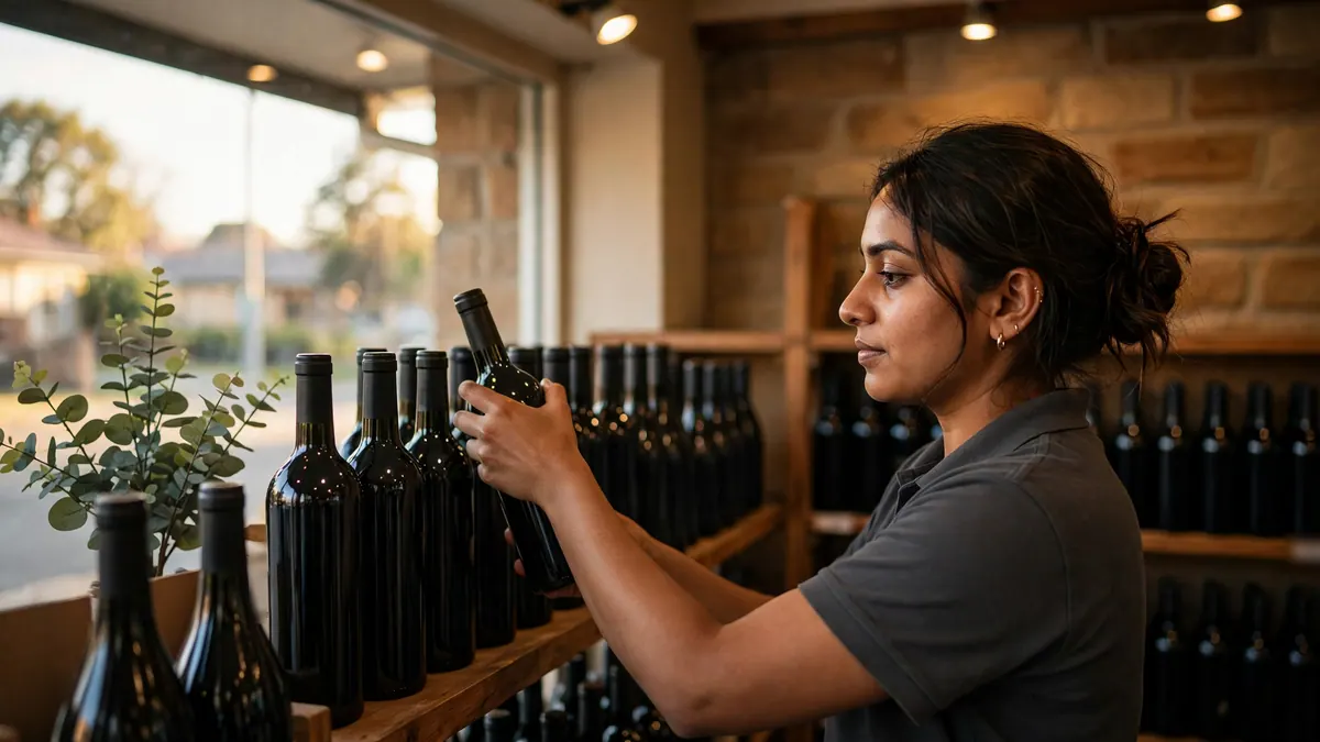 A bottle shop worker in a grey polo places a bottle of red wine on a timber shelf