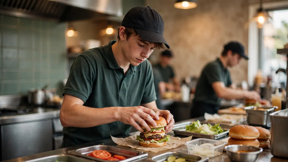 A teenage crew member in a cap assembles a burger at a stainless steel fast-food kitchen station