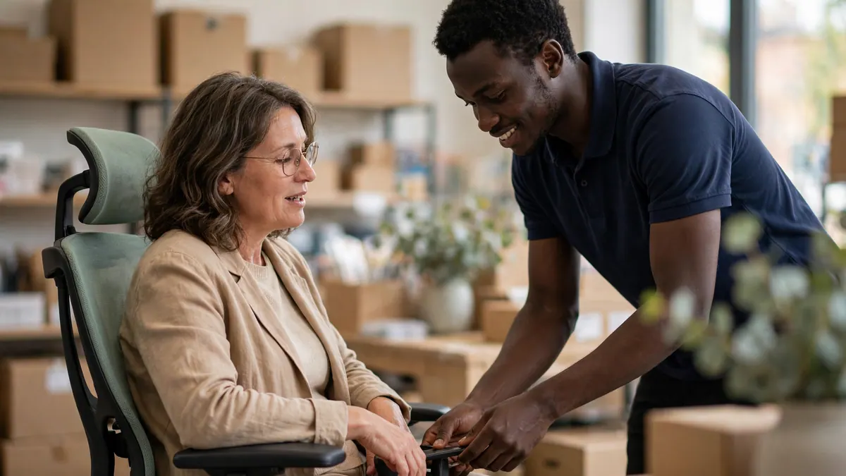 A store worker in a navy polo adjusts an office chair for a smiling customer in an office supplies store