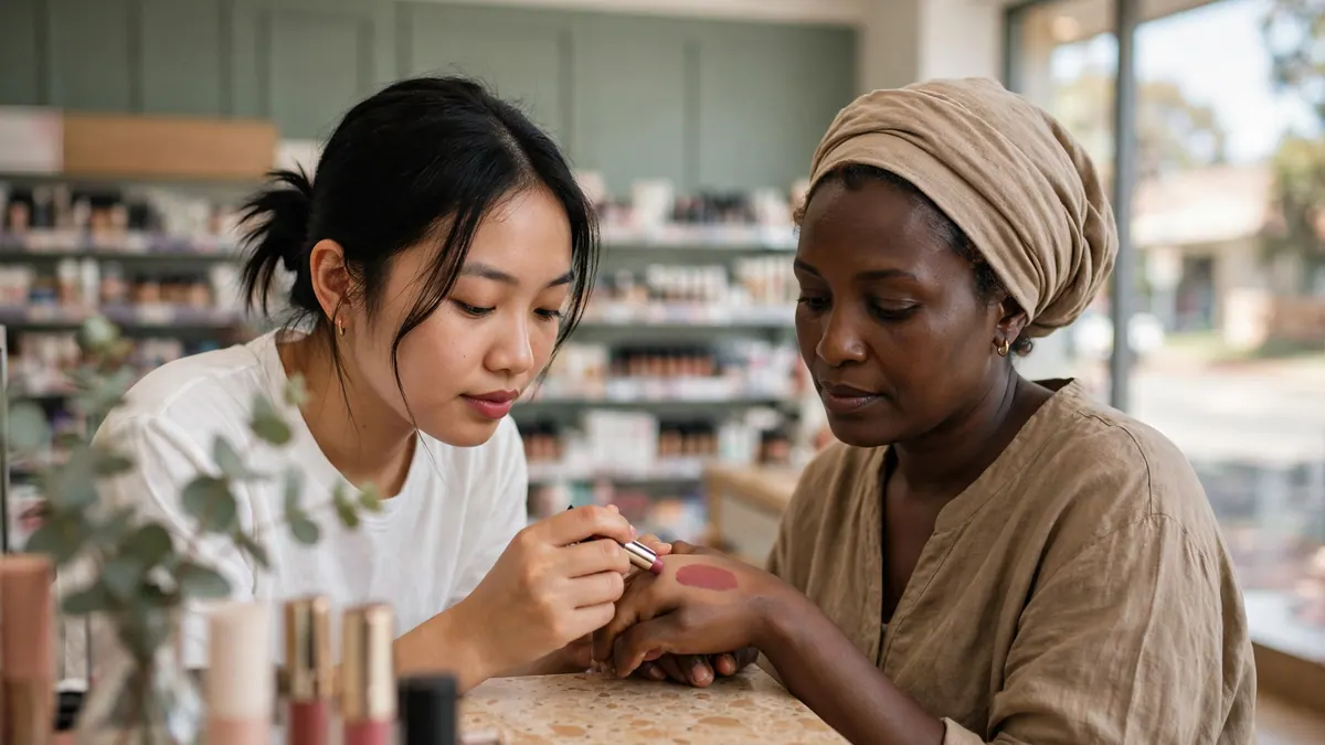 A beauty assistant swatches a lipstick shade on a customer's hand at a pharmacy cosmetics counter