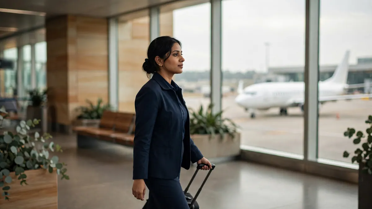 A flight attendant in a navy uniform wheels a cabin bag past terminal windows with a plane outside