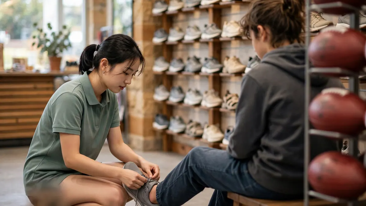A sports store worker laces a running shoe on a customer's foot beside a wall of shoes and footballs