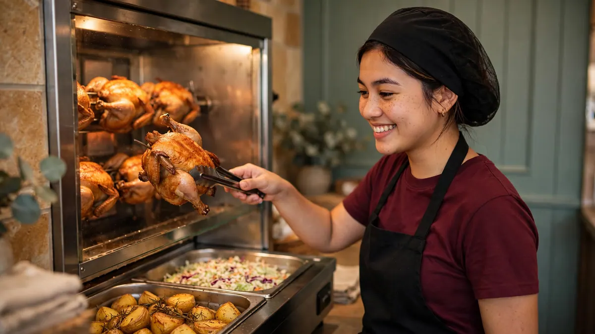 A smiling counter worker lifts a roast chicken from a rotisserie above trays of potatoes and coleslaw