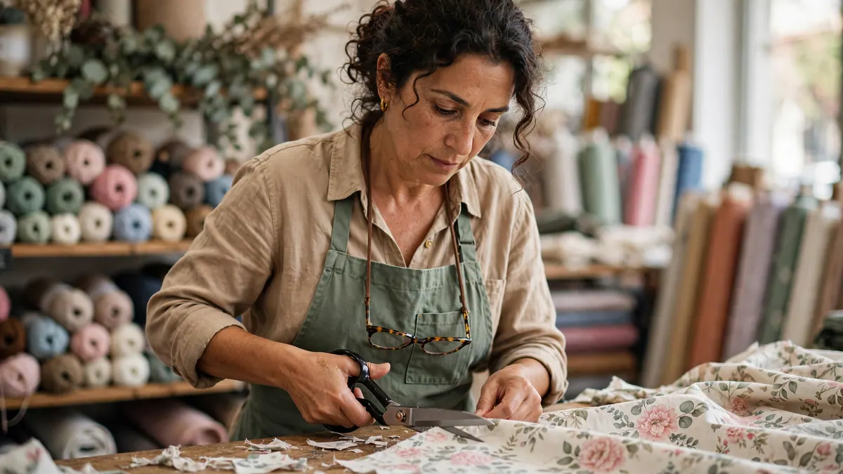 A woman in a green apron cuts floral fabric at a counter in a fabric and yarn store