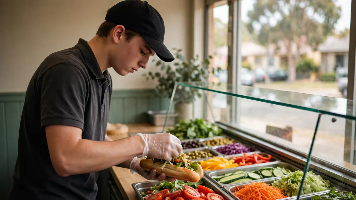 A young sandwich-shop worker in a black cap fills a bread roll with salad at a glass counter
