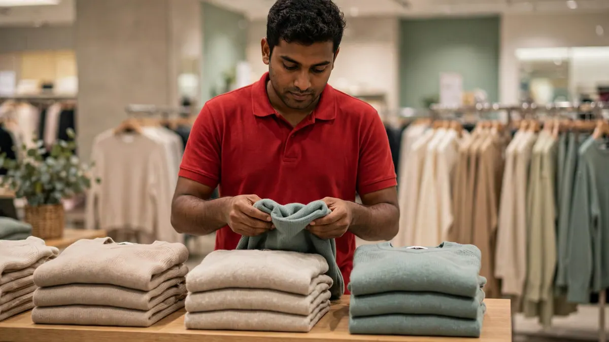 A shop assistant in a red polo folds knitted jumpers into neat stacks in a department store