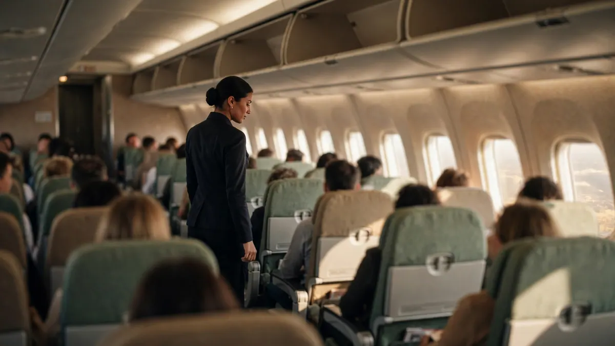 A flight attendant in a dark uniform walks down the aisle of a sunlit passenger jet cabin