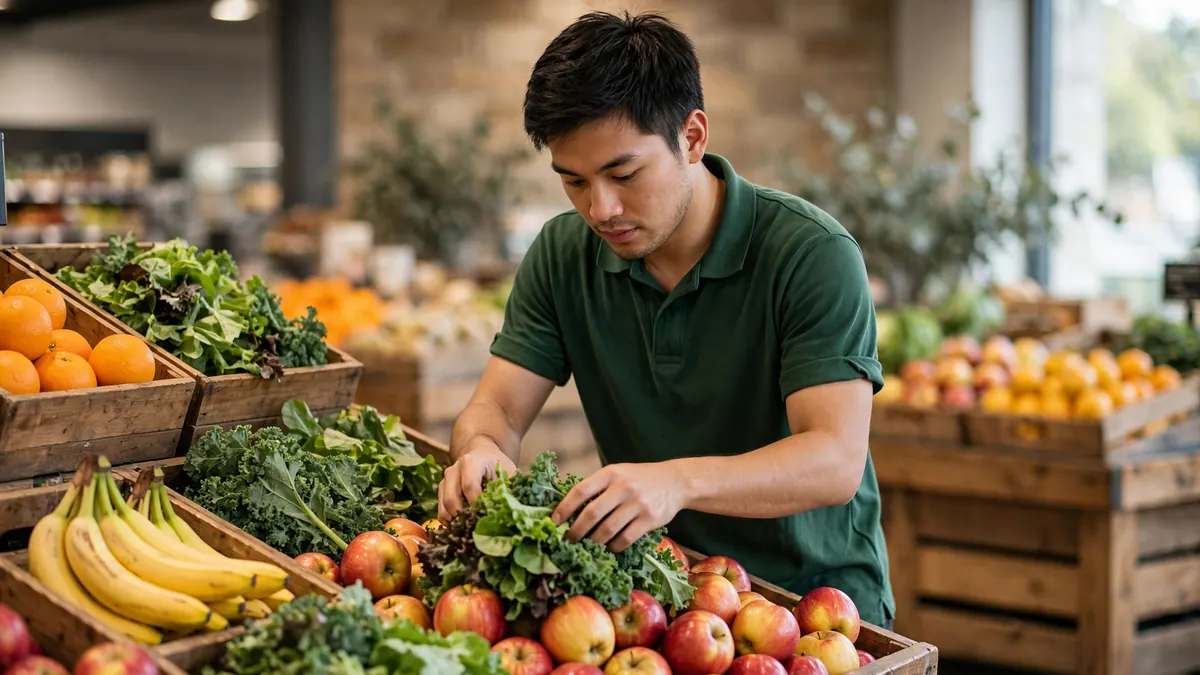 A supermarket worker in a green polo arranges leafy greens and apples on a timber produce display