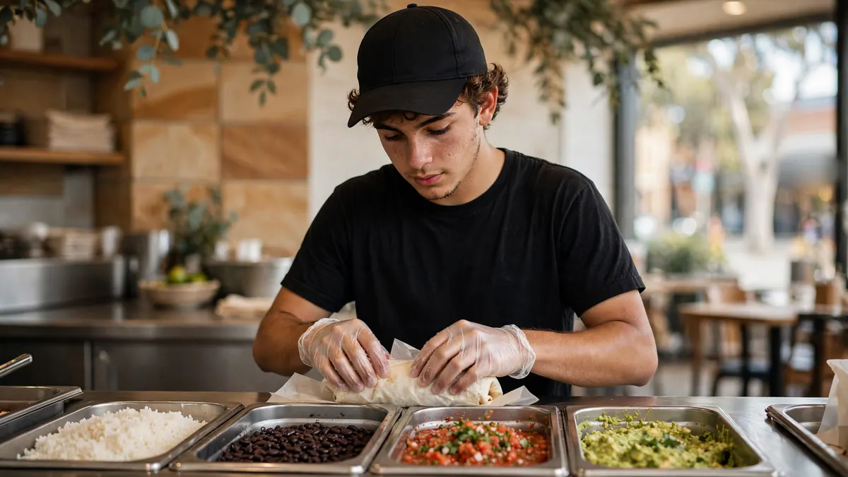 A young worker in a black cap and gloves wraps a burrito above trays of rice, beans, salsa and guacamole