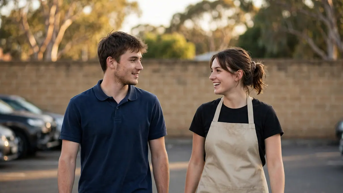 Two young retail workers, one in a navy polo and one in an apron, chat as they cross a car park