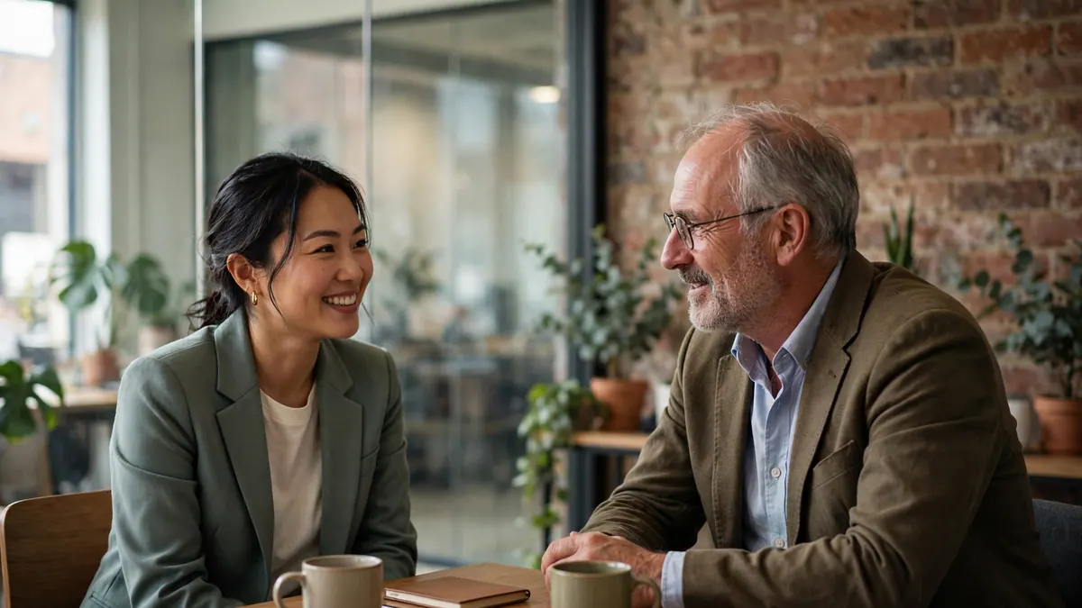 A smiling woman in a sage blazer talks with an older manager over coffee in a brick-walled office
