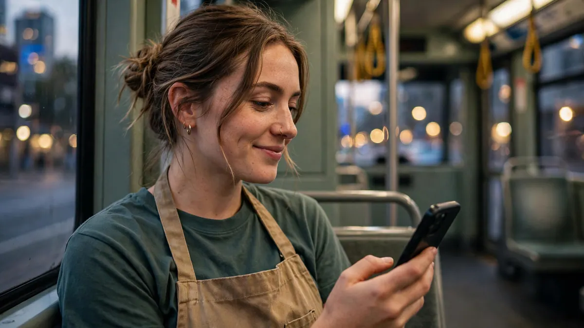 A young woman in a work apron smiles at her phone on a tram ride home at dusk