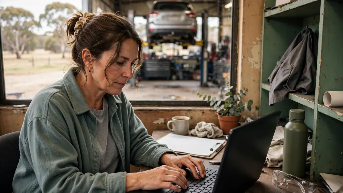 A mechanic workshop owner types on a laptop in her office, a car raised on a hoist behind her
