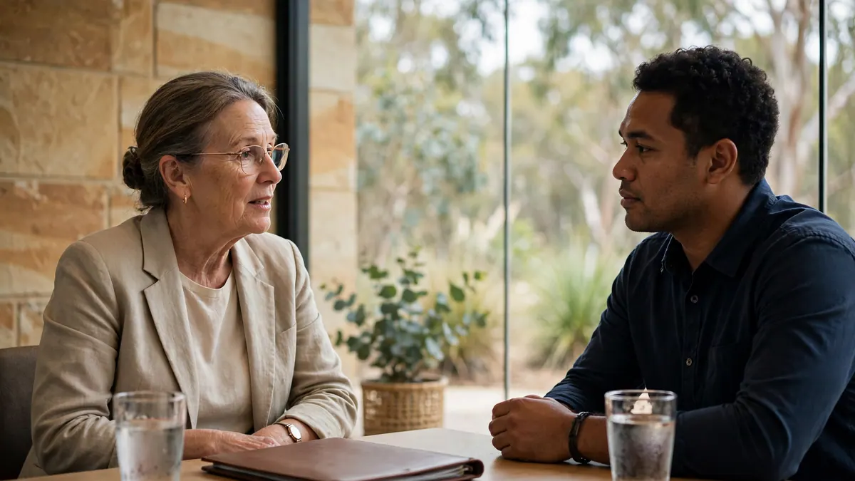 A manager in a linen blazer talks seriously with an employee across a meeting table with a closed folder